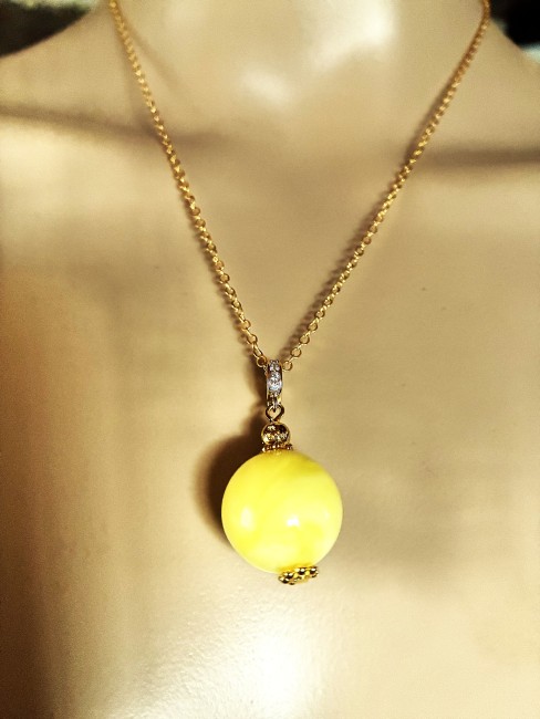 Ambre jaune pendentif perle ronde 16mm collier chaîne 45 cm en acier inoxydable doré bijou femme homme, collier ambre, bracelet ambre, boucles oreilles ambre, ambre véritable, ambre bijoux marie c