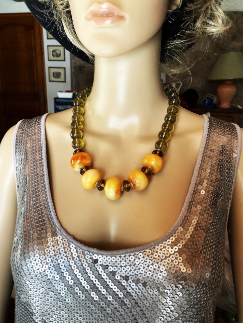 Ambre jaune et ambre vert superbe collier 55 cm grosses perles de 23mm et perles de 16mm bijou femme