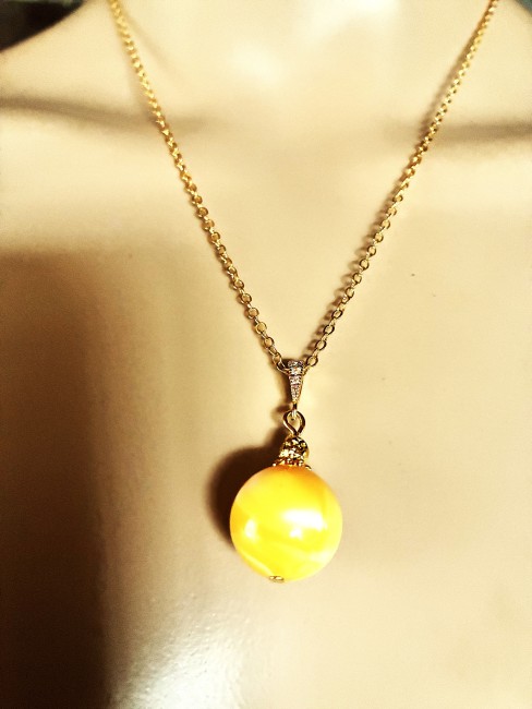 Ambre jaune pendentif perle ronde 18mm collier chaîne 50 cm en acier inoxydable doré bijou femme homme, collier ambre, bracelet ambre, boucles oreilles ambre, ambre véritable, bijoux marie c