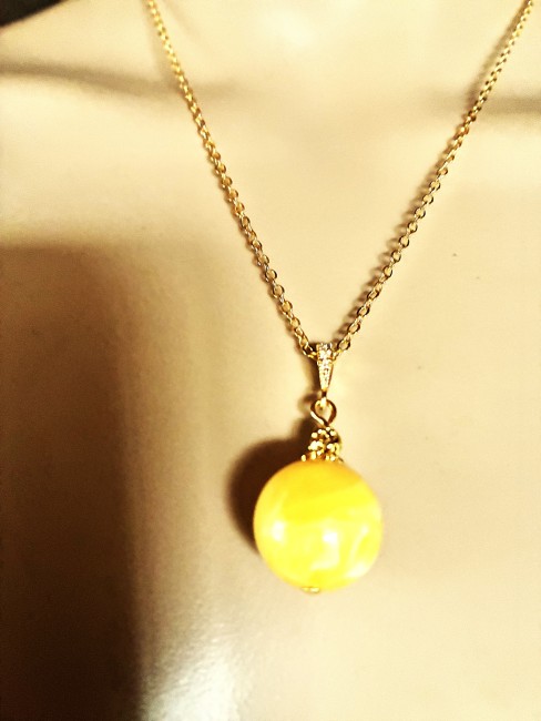 Ambre jaune pendentif perle ronde 18mm collier chaîne 50 cm en acier inoxydable doré bijou femme homme, collier ambre, bracelet ambre, boucles oreilles ambre, ambre véritable, bijoux marie c