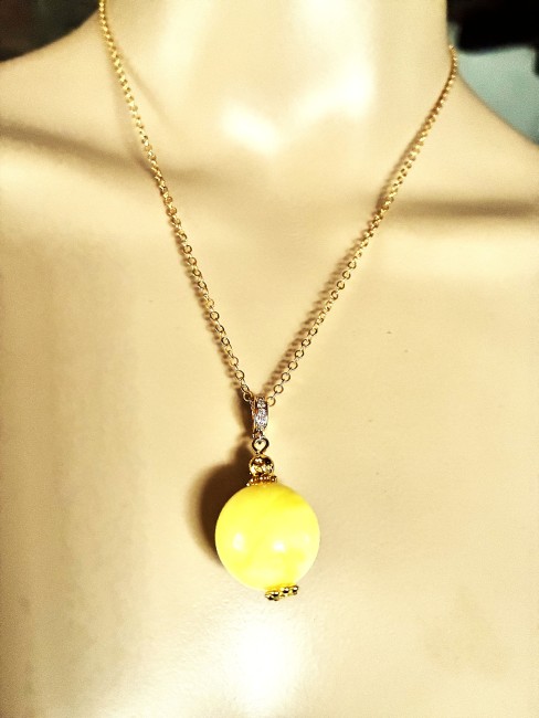 Ambre jaune pendentif perle ronde 16mm collier chaîne 45 cm en acier inoxydable doré bijou femme homme, collier ambre, bracelet ambre, boucles oreilles ambre, ambre véritable, ambre bijoux marie c