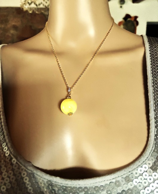 Ambre jaune pendentif perle ronde 16mm collier chaîne 45 cm en acier inoxydable doré bijou femme homme, collier ambre, bracelet ambre, boucles oreilles ambre, ambre véritable, ambre bijoux marie c