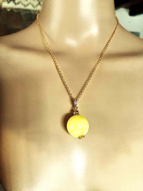 Ambre jaune pendentif perle ronde 16mm collier chaîne 45 cm en acier inoxydable doré bijou femme homme, collier ambre, bracelet ambre, boucles oreilles ambre, ambre véritable, ambre bijoux marie c