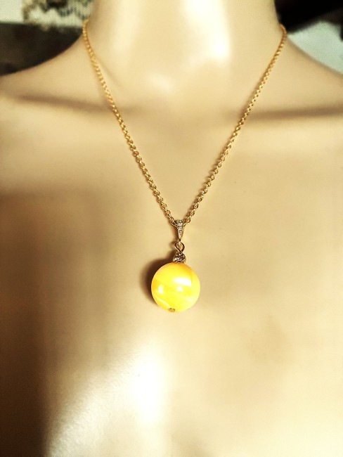 Ambre jaune pendentif perle ronde 18mm collier chaîne 50 cm en acier inoxydable doré bijou femme homme, collier ambre, bracelet ambre, boucles oreilles ambre, ambre véritable, bijoux marie c