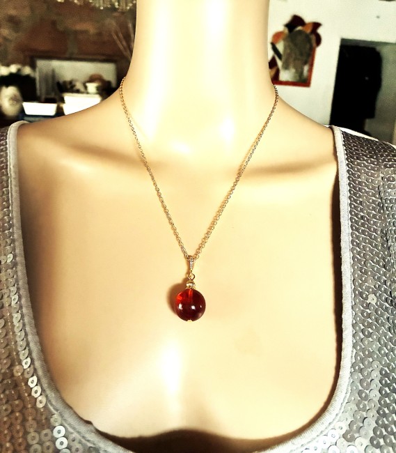 Ambre cognac pendentif perle ronde 16mm collier chaîne 45 cm en acier inoxydable doré bijou femme homme, collier ambre, bracelet ambre, boucles oreilles ambre, ambre véritable, ambre bijoux marie c