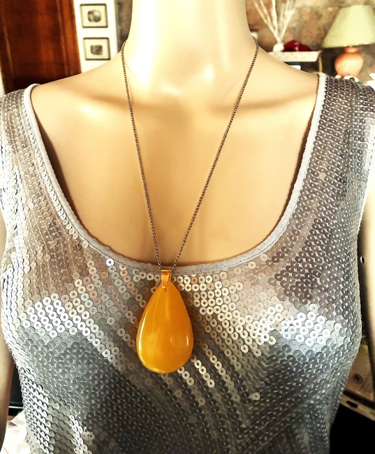 Ambre jaune pendentif en forme de poire 6mm sur 3,5mm collier chaîne doré 60 cm en acier inoxydable bijou femme homme