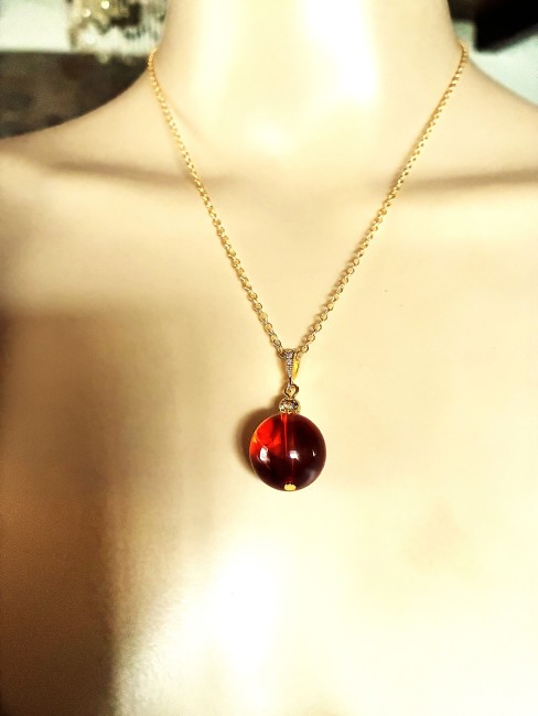 Ambre cognac pendentif perle ronde 16mm collier chaîne 45 cm en acier inoxydable doré bijou femme homme, collier ambre, bracelet ambre, boucles oreilles ambre, ambre véritable, ambre bijoux marie c
