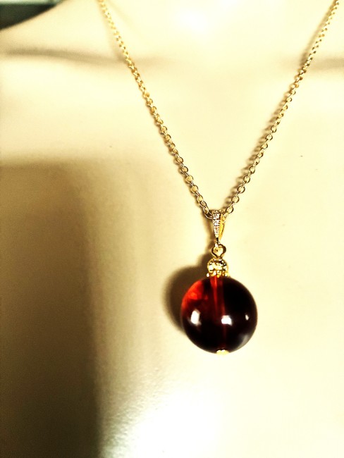 Ambre cognac pendentif perle ronde 16mm collier chaîne 45 cm en acier inoxydable doré bijou femme homme, collier ambre, bracelet ambre, boucles oreilles ambre, ambre véritable, ambre bijoux marie c