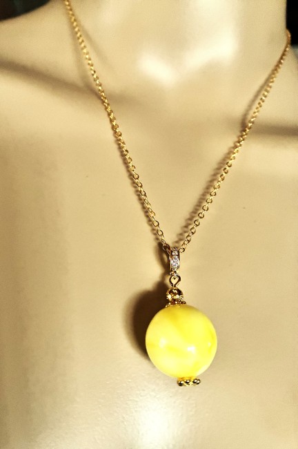 Ambre jaune pendentif perle ronde 16mm collier chaîne 45 cm en acier inoxydable doré bijou femme homme, collier ambre, bracelet ambre, boucles oreilles ambre, ambre véritable, ambre bijoux marie c