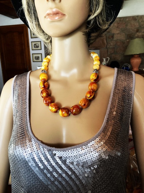 Ambre marbré orange/jaune et ambre jaune superbe collier long 58 cm grosses perles bijou femme, collier ambre, bracelet ambre, boucles oreilles ambre, Ambre bijoux marie c