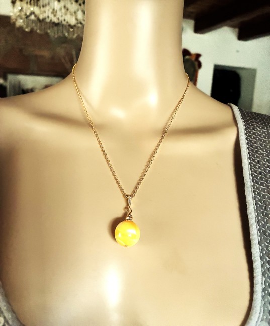 Ambre jaune pendentif perle ronde 18mm collier chaîne 50 cm en acier inoxydable doré bijou femme homme, collier ambre, bracelet ambre, boucles oreilles ambre, ambre véritable, bijoux marie c