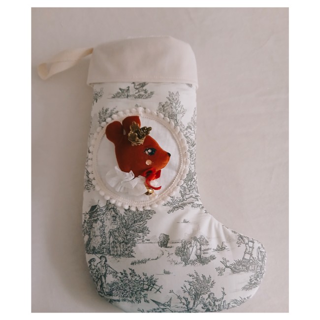 Botte de Noël toile de Jouy grise médaillon animal