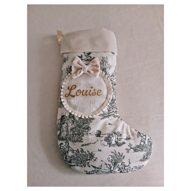 Botte de Noël toile de Jouy gris médaillon.