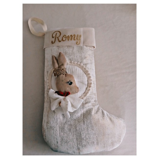 Botte de Noël velours blanc doré médaillon animal
