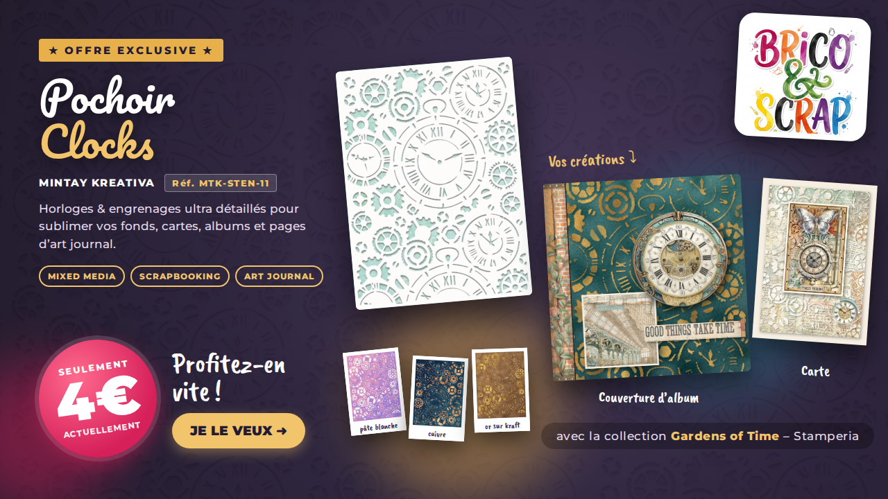 Offre exclusive : pochoir Clocks Mintay Kreativa à 4 €, horloges et engrenages pour mixed media, scrapbooking et art journal