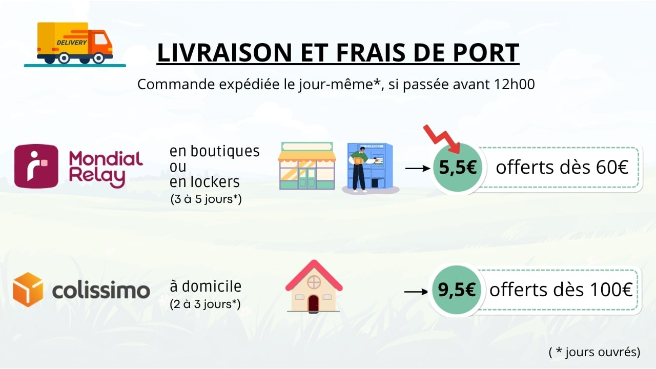 Frais de port Brico&Scrap : Mondial Relay dès 5,50 € offert à partir de 60 €, Colissimo 9,50 € offert dès 100 €, expédition le jour même avant 12h