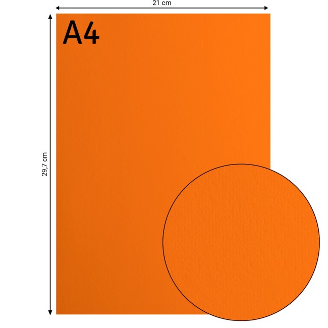 Cardstock lisse Florence A4 Melon 012, format 21 x 29,7 cm et gros plan sur la surface lisse
