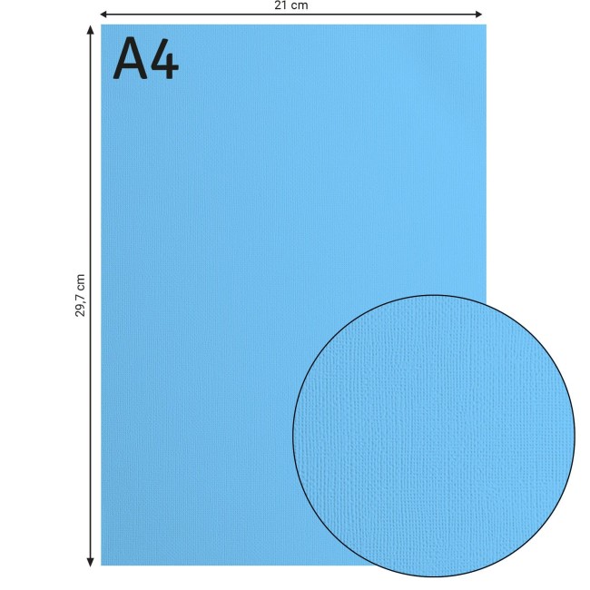 Cardstock texturé Florence A4 River 048, format 21 x 29,7 cm et gros plan sur le grain toilé