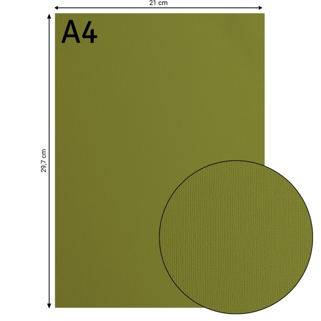 Cardstock texturé Florence A4 Olive 073, format 21 x 29,7 cm et gros plan sur le grain toilé