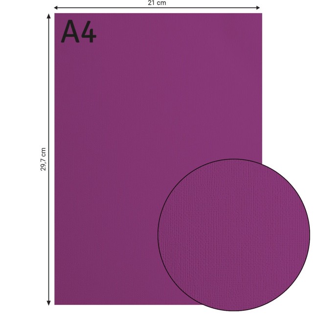 Cardstock texturé Florence A4 Mauve 039, format 21 x 29,7 cm et gros plan sur le grain toilé