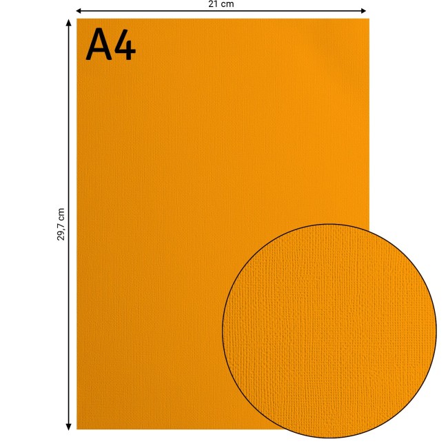 Cardstock texturé Florence A4 Mango 010, format 21 x 29,7 cm et gros plan sur le grain toilé