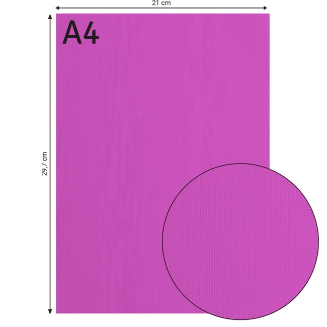 Cardstock texturé Florence A4 Plum 038, format 21 x 29,7 cm et gros plan sur le grain toilé
