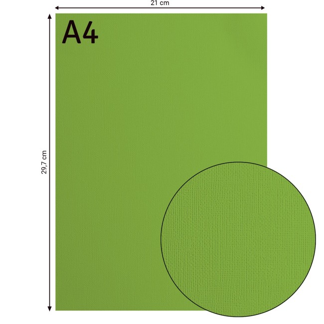Cardstock texturé Florence A4 Frog 074, format 21 x 29,7 cm et gros plan sur le grain toilé
