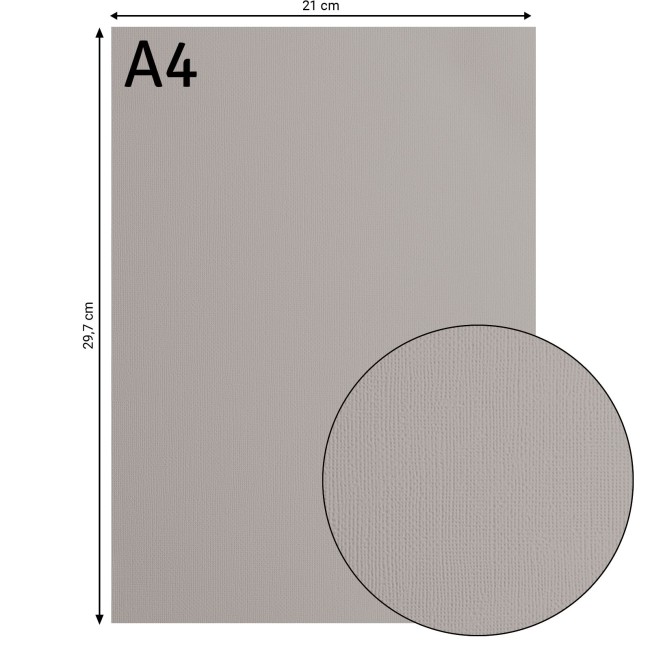 Cardstock texturé Florence A4 Tin 084, format 21 x 29,7 cm et gros plan sur le grain toilé