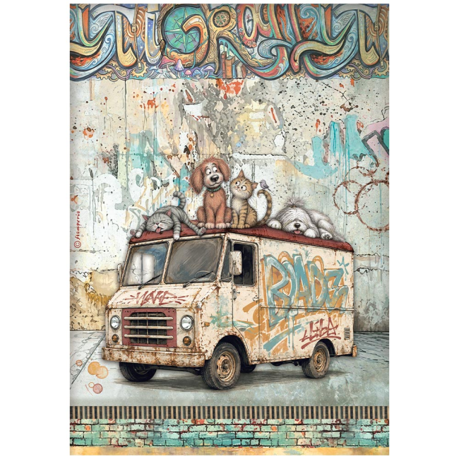 Papier de riz A4 Furry Friends 2 beater truck Stamperia