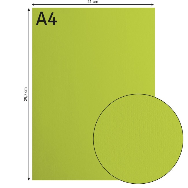 Florence • Cardstock lisse A4 Lime 068 — format et surface Cardstock lisse Florence A4 Lime 068, format 21 x 29,7 cm et gros plan sur la surface lisse