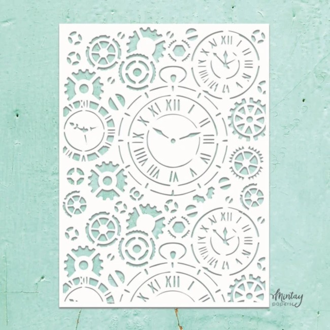 Pochoir Mintay Kreativa Clocks 6x8 pouces Pochoir Mintay Kreativa Clocks 15,2 x 20,3 cm, motif d'horloges et de rouages steampunk pour mixed media