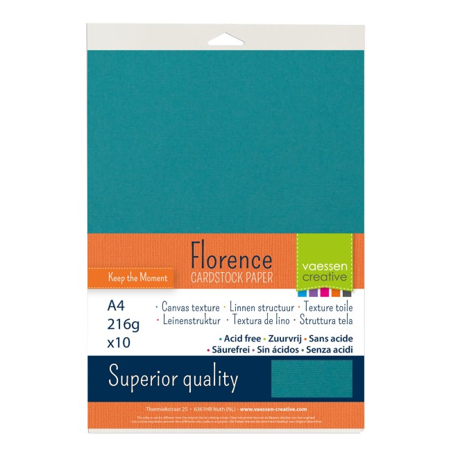 Cardstock texturé Florence A4 Mountain Lake 062, format 21 x 29,7 cm et gros plan sur le grain toilé