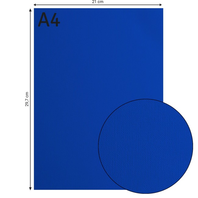 Cardstock texturé Florence A4 Sapphire 050, format 21 x 29,7 cm et gros plan sur le grain toilé