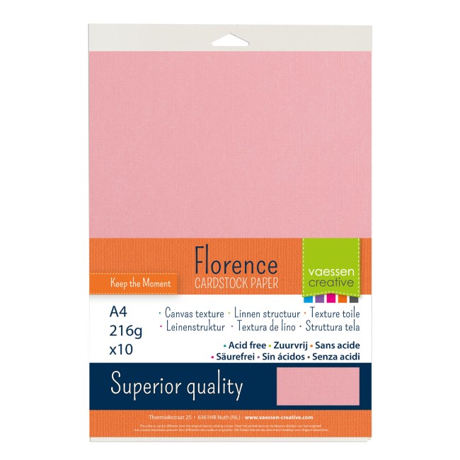 Florence • Cardstock texturé A4 Sweet 018 — format et texture Cardstock texturé Florence A4 Sweet 018, format 21 x 29,7 cm et gros plan sur le grain toilé