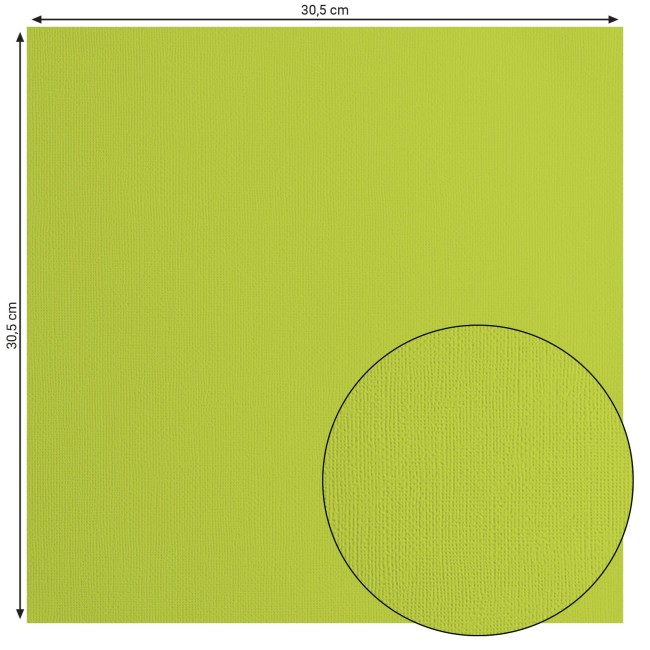 Cardstock texturé Florence Lime 068, format 30,5 x 30,5 cm et gros plan sur le grain toilé
