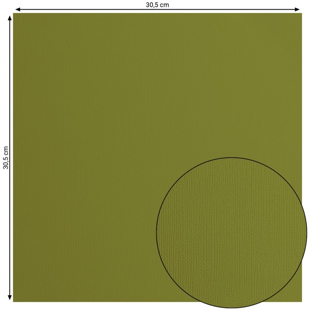 Cardstock texturé Florence Olive 073, format 30,5 x 30,5 cm et gros plan sur le grain toilé