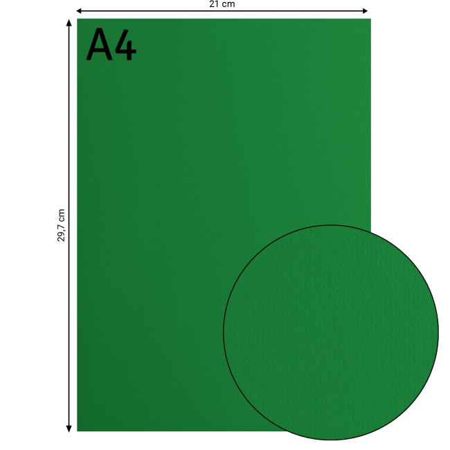 Cardstock lisse Florence A4 Broccoli 077, format 21 x 29,7 cm et gros plan sur la surface lisse