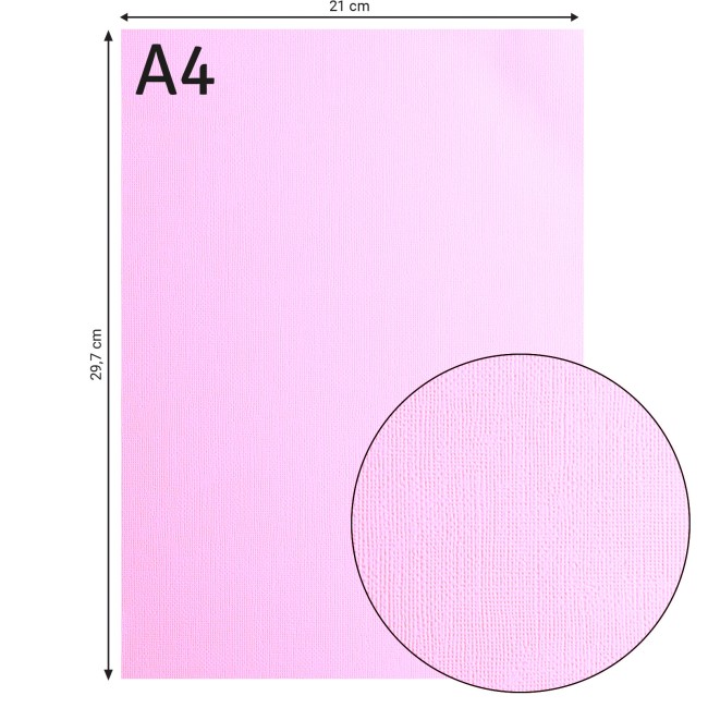 Cardstock texturé Florence A4 Lilac 033, format 21 x 29,7 cm et gros plan sur le grain toilé