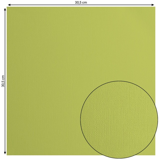 Cardstock texturé Florence Pistachio 070, format 30,5 x 30,5 cm et gros plan sur le grain toilé