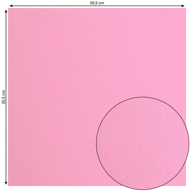 Cardstock texturé Florence Pink 019, format 30,5 x 30,5 cm et gros plan sur le grain toilé