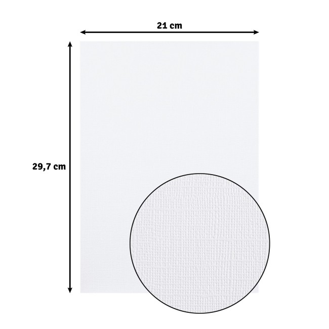 Cardstock texturé Florence A4 Pearl White 204, format 21 x 29,7 cm et gros plan sur le grain toilé