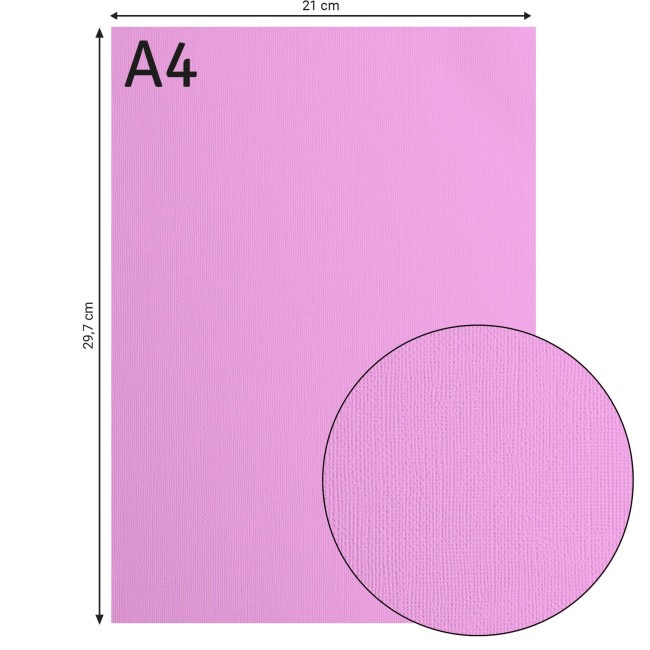 Florence • Cardstock texturé A4 Hydrangea 035 — format et texture Cardstock texturé Florence A4 Hydrangea 035, format 21 x 29,7 cm et gros plan sur le grain toilé
