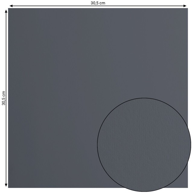 Florence • Cardstock lisse 30x30 Anthracite 095 — format et surface Cardstock lisse Florence Anthracite 095, format 30,5 x 30,5 cm et gros plan sur la surface lisse