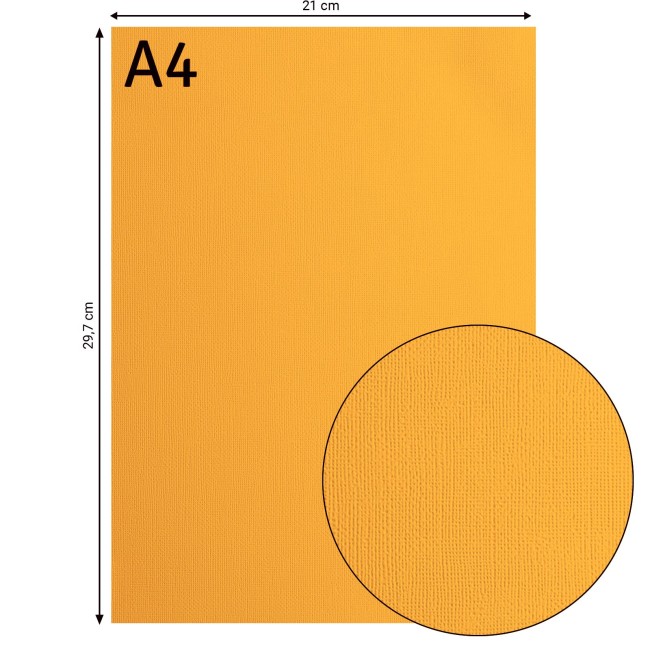 Florence • Cardstock texturé A4 Grapefruit 008 — format et texture Cardstock texturé Florence A4 Grapefruit 008, format 21 x 29,7 cm et gros plan sur le grain toilé