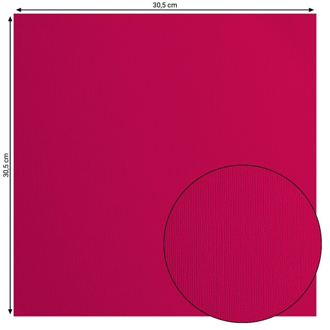 Florence • Cardstock texturé 30x30 Raspberry 024 — format et texture Cardstock texturé Florence Raspberry 024, format 30,5 x 30,5 cm et gros plan sur le grain toilé