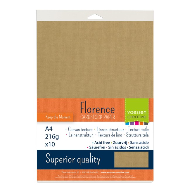 Cardstock texturé Florence A4 Peanut 088, format 21 x 29,7 cm et gros plan sur le grain toilé