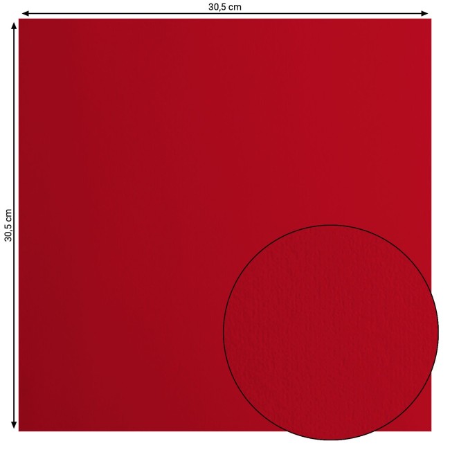Florence • Cardstock lisse 30x30 Poppy 030 — format et surface Cardstock lisse Florence Poppy 030, format 30,5 x 30,5 cm et gros plan sur la surface lisse