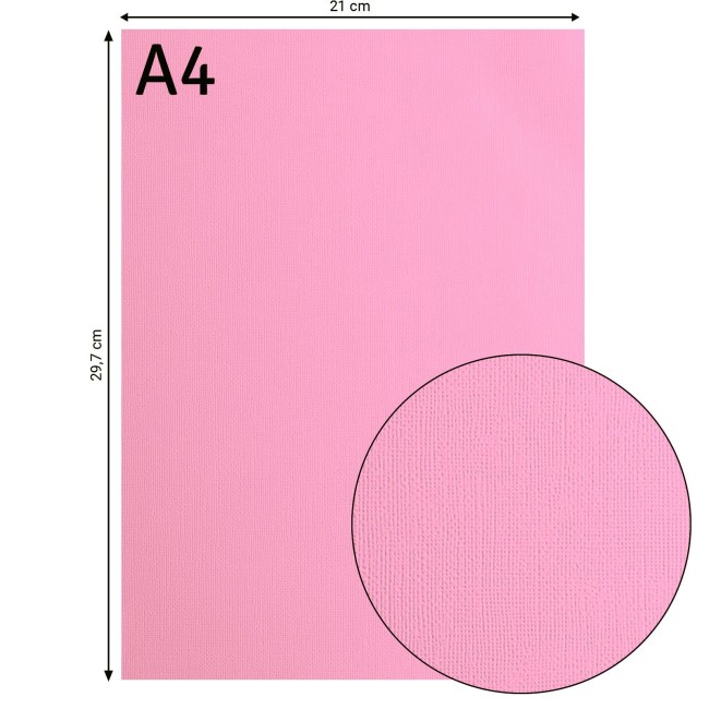 Cardstock texturé Florence A4 Pink 019, format 21 x 29,7 cm et gros plan sur le grain toilé