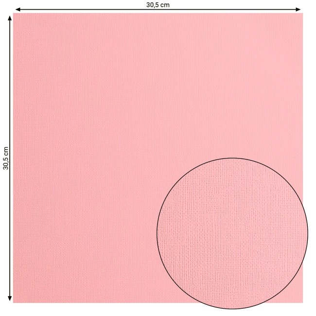 Florence • Cardstock texturé 30x30 Sweet 018 — format et texture Cardstock texturé Florence Sweet 018, format 30,5 x 30,5 cm et gros plan sur le grain toilé