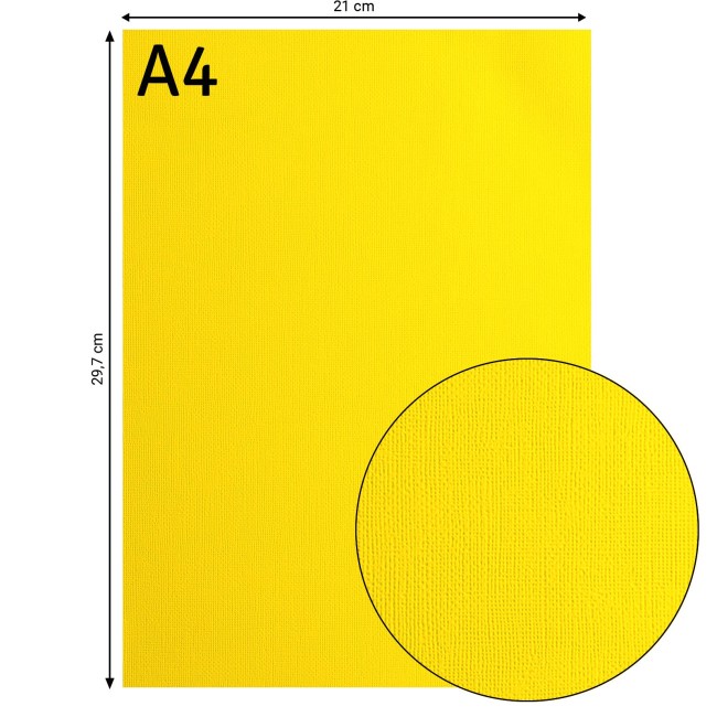 Cardstock texturé Florence A4 Lemon Yellow 005, format 21 x 29,7 cm et gros plan sur le grain toilé
